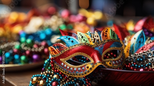Close-up of carnival-themed party favors like masks and beads