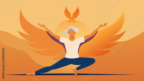 A sketch of a senior patient in a yoga pose with the silhouette of a phoenix rising behind them. The phoenix symbolizes rebirth and resilience