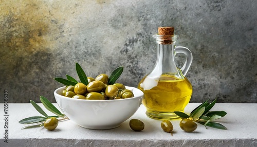 Gourmet Display: Olives and Olive Oil Bottle on White Background