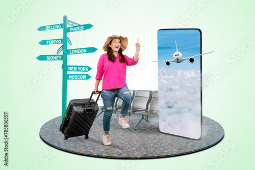 Happy excited woman carrying suitcase with an airplane