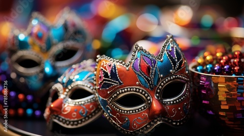 Close-up of carnival-themed party favors like masks and beads