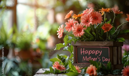 This warm setting features a lovely floral arrangement with a chalkboard sign celebrating Happy Mother's Day surrounded by more flowers