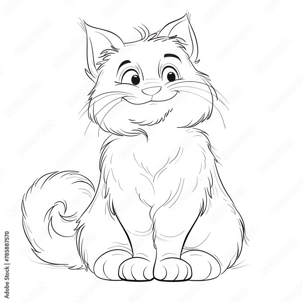 Cartoon fluffy cat with oversized paws and a mischievous grin, sitting playfully, outline for children's coloring book, white background. Cartoon fluffy cat with oversized paws and a mischievous grin, sitting playfully, outline for children's coloring book, white background.