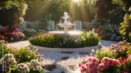 A serene sunlit garden with a white fountain centerpiece surrounded by vibrant blooming flowers and lush greenery