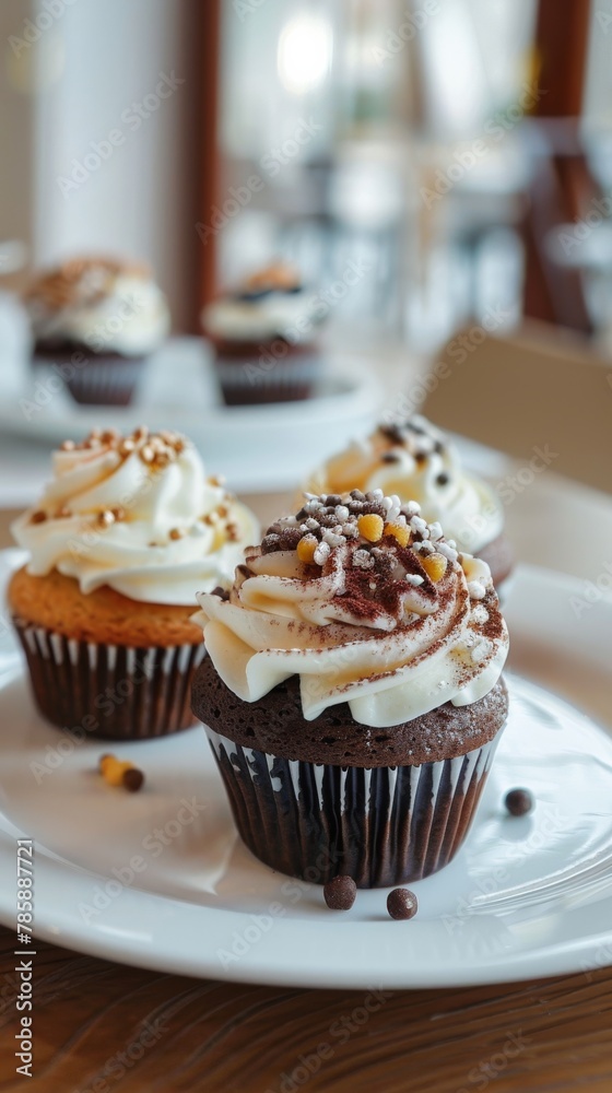 Luxurious chocolate cupcakes with vanilla frosting and ceramic plate presentation exuding elegance