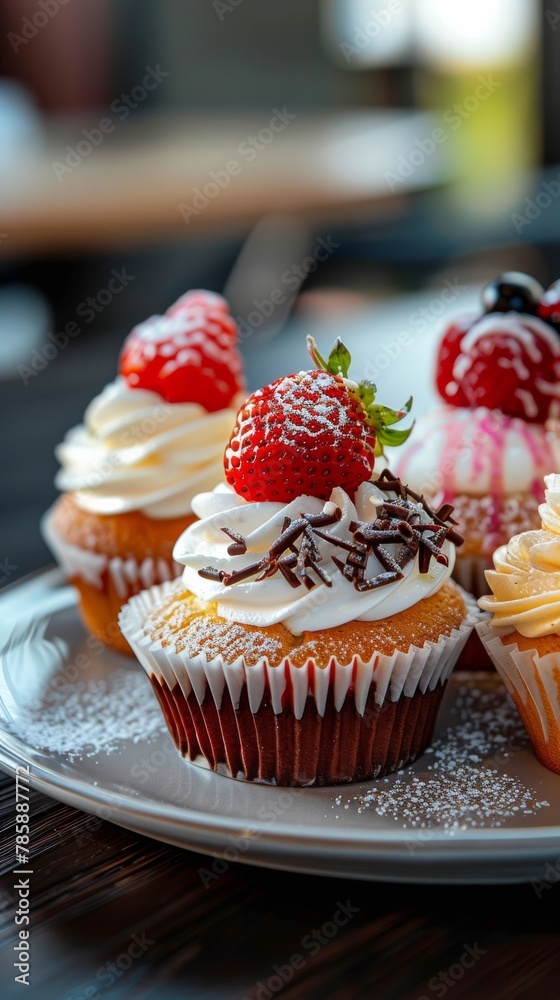 Close-up of delectable cupcakes topped with whipped cream, strawberries and chocolate shavings on a plate