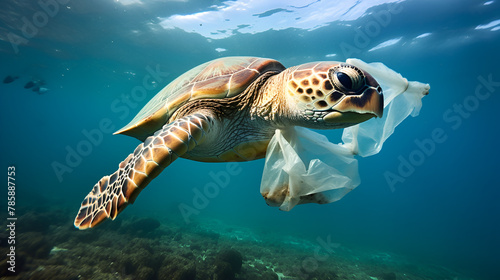 Plastic Pollution in Ocean - Turtle Eating Plastic Bag © adam