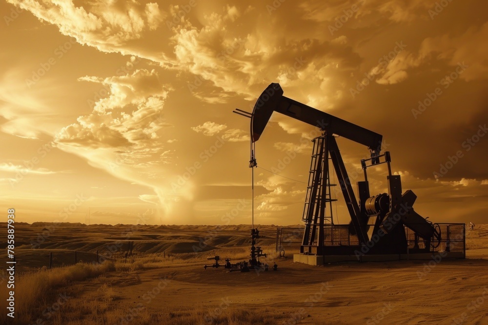 Oil pump jack silhouette at sunset in the middle of a dry grass field under a cloudy sky with a storm approaching in the background.