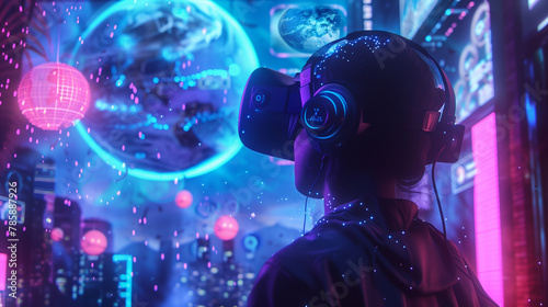 A woman wearing a virtual reality headset is looking at a computer screen with a globe on it. The scene is set in a futuristic environment with a blue and purple color scheme © wanchai