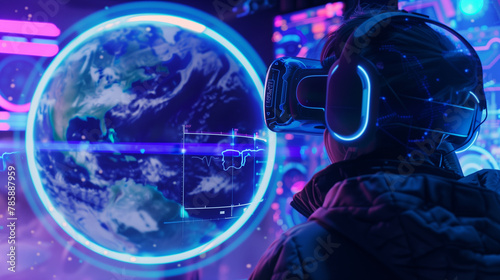 A woman wearing a virtual reality headset is looking at a computer screen with a globe on it. The scene is set in a futuristic environment with a blue and purple color scheme