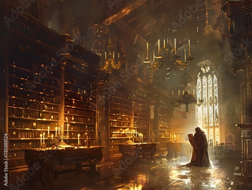 Gothic Library Scholar Seeking Forbidden Knowledge in Candlelight