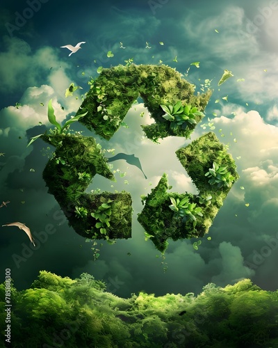 Sustainable Recycling Practices Symbolized by Leaf-Shaped Recycling Logo in Lush Nature Landscape