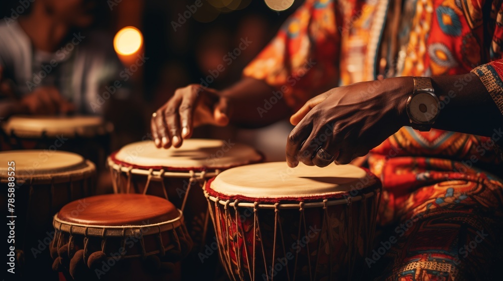Obraz premium Close-up of hands playing traditional Brazilian percussion instruments like the surdo and tamborim