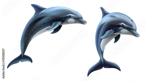 two dolphins jumping isolated on white background