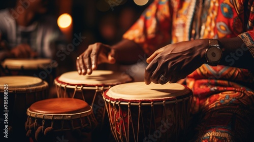 Close-up of hands playing traditional Brazilian percussion instruments like the surdo and tamborim photo