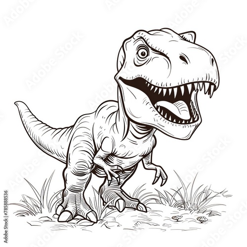 Cartoon T-Rex with a big friendly smile and tiny arms  stomping through a field  outline for children s coloring book  white background.