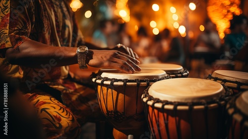 Close-up of hands playing traditional Brazilian percussion instruments like the surdo and tamborim photo