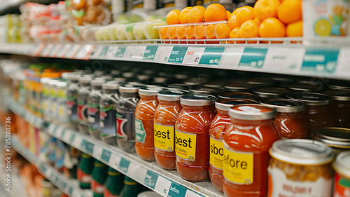 Supermarket shelf stocked with jars of sauces and canned goods, with fresh produce in the background.