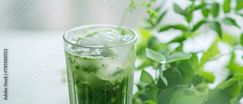 Moringa juice ayurvedic or medicinal in a glass with ice cube. With a white backdrop and moringa leaves
