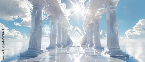The temple is a bright white structure surrounded by spiritually significant geometry. photo