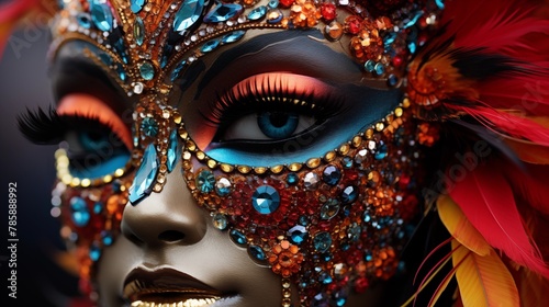 Intricate beadwork and sequins on a carnival costume close-up