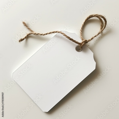 An empty white label tag with a natural fiber twine and metal eyelet on a light background.