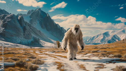 Yeti in snow valley photo