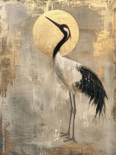 japandi style oil painting featuring a japanese crane, muted beige and gold tones 
