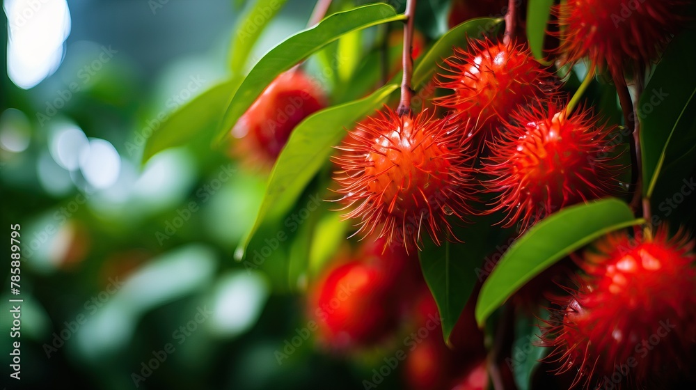 Vibrant red rambutan fruits ripe and ready for harvest on a lush tree Vibrant red rambutan fruits ripe and ready for harvest on a lush tree