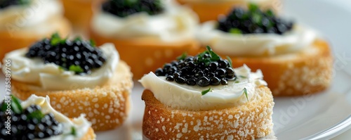  little toasts with black caviar and butter against a white hazy backdrop