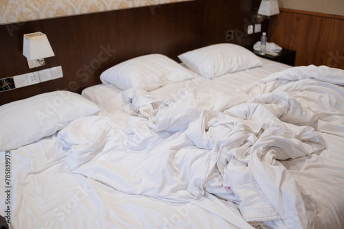 white bed background, after sleep, dirty bed