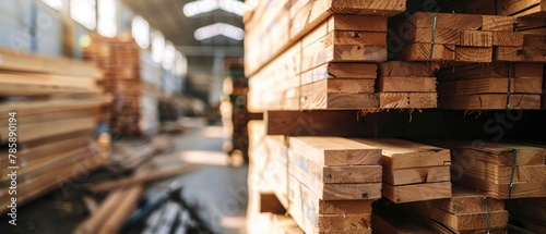 Wooden beams stacked in the warehouse closeup photo