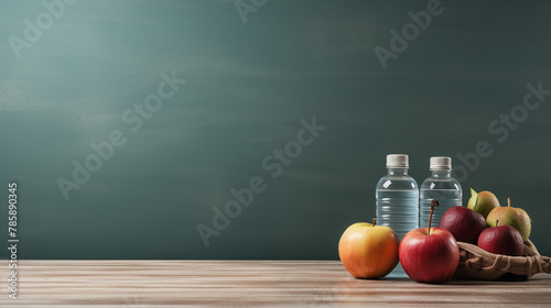 fruits and water bottles on dark isolated background