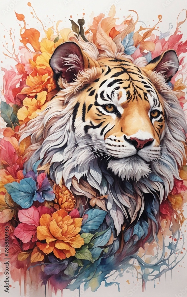 Beautiful digital Illustration of Big Cat Tiger with Flowers Splash background 