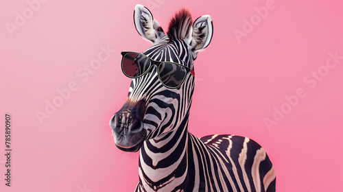 Creative animal concept. Zebra in sunglasses isolated on solid pastel background  commercial  editorial advertising 