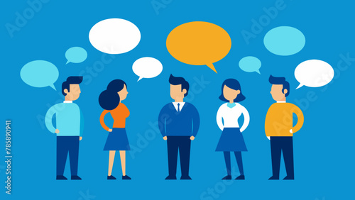 Vector art of Discussion and Communication concept for banner, website design, or landing page. Business people talking about project work standing in the speech bubbles. Vector illustration