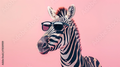 Creative animal concept. Zebra in sunglasses isolated on solid pastel background, commercial, editorial advertising,