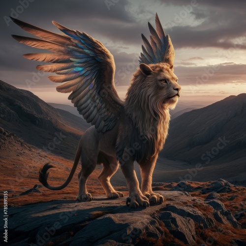 A magnificent winged lion stands atop a rocky peak, with expansive wings unfurled against the painted sky of sunset over rugged mountains.