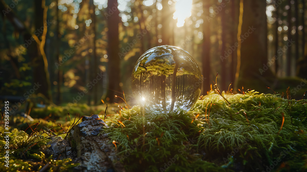 crystal ball on moss in the forest - environmental concept - obrazy, fototapety, plakaty 