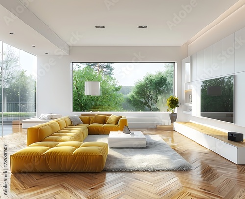 Modern living room with parquet floor and large window in white