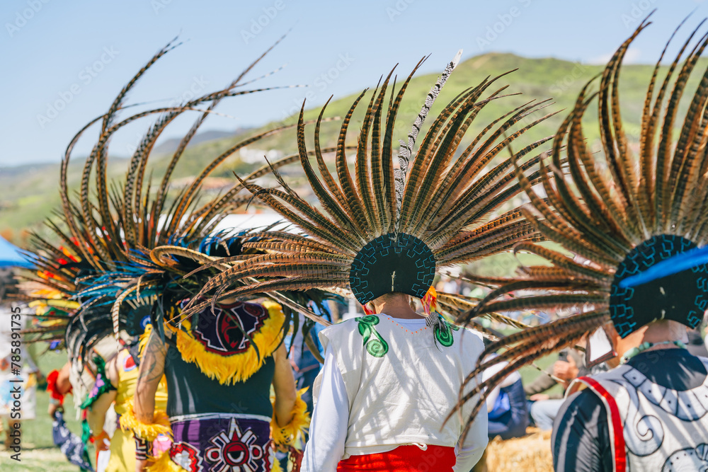 Powwow. Native Americans dressed in full regalia. Details of regalia ...