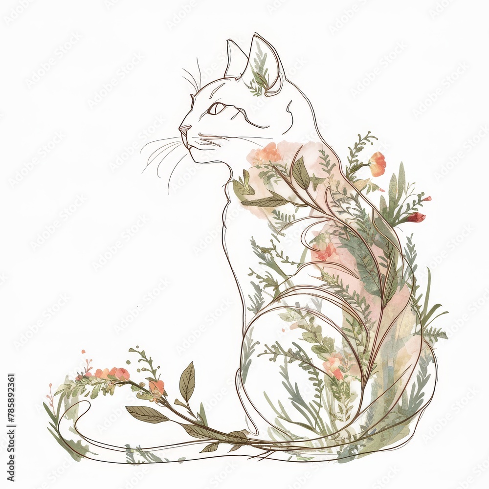 An artistic representation of a cat, outlined with elegant precision, intertwined with the soft hues of watercolor florals and foliage, creating a peaceful blend of nature and art.