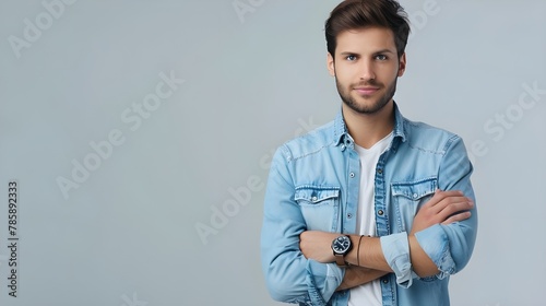 Young handsome business man dressed in casual deni  Businessman riding bicycle to work in the city. Confident young man with arms crossed, Generative Ai photo