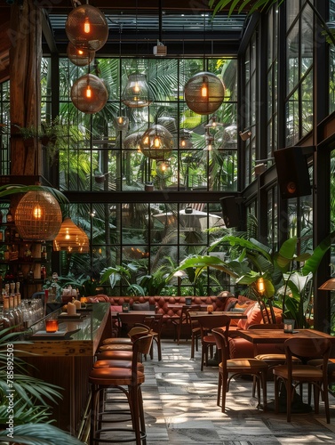 Stylish Tropical Themed Restaurant Interior with Natural Lighting © lin