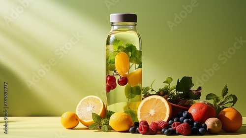 fruits and water bottles on a light green background