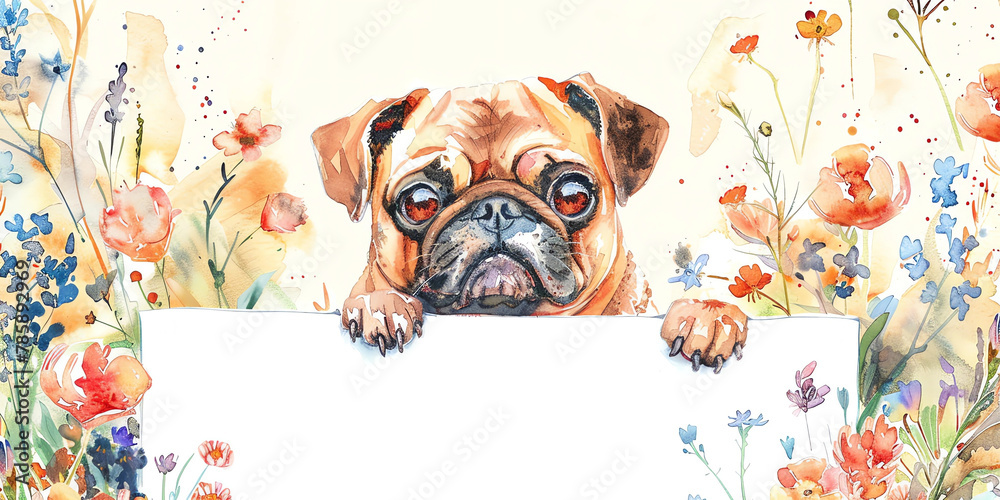 Watercolor Painting of a Pug Holding a Blank White Sign