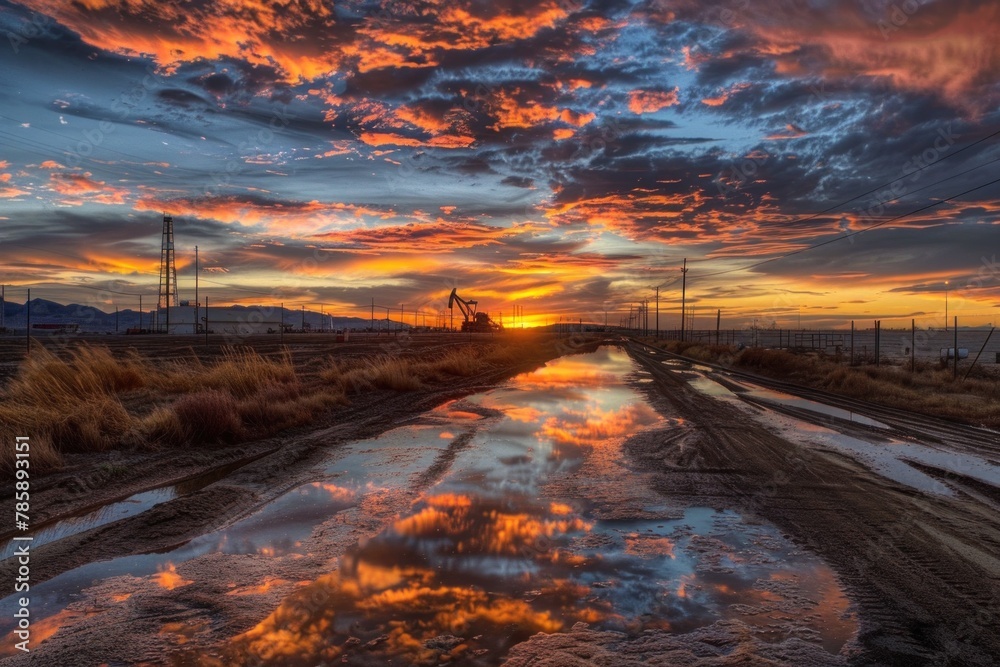 Stunning Sunset Over Oil Field in Texas, USA with Reflective Puddle in Foreground Creating a Breathtaking Industrial Landscape View Stunning Sunset Over Oil Field in Texas, USA with Reflective Puddle in Foreground Creating a Breathtaking Industrial Landscape View