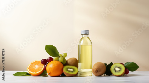 fruits and water bottles on a light isolated background