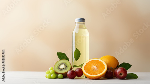 fruits and water bottles on a light isolated background