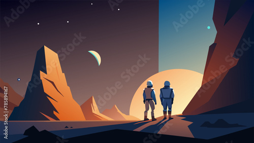 Against a backdrop of glistening stars a team of astronauts stands mesmerized by the sight before them. Towering rock formations glowing with an